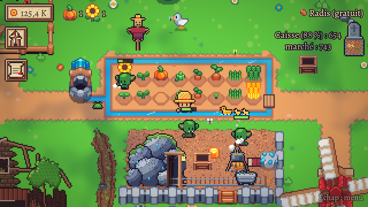 La ferme en pleine activité : champ irrigué, gobelins qui récoltent, camp de la mine et moulin.