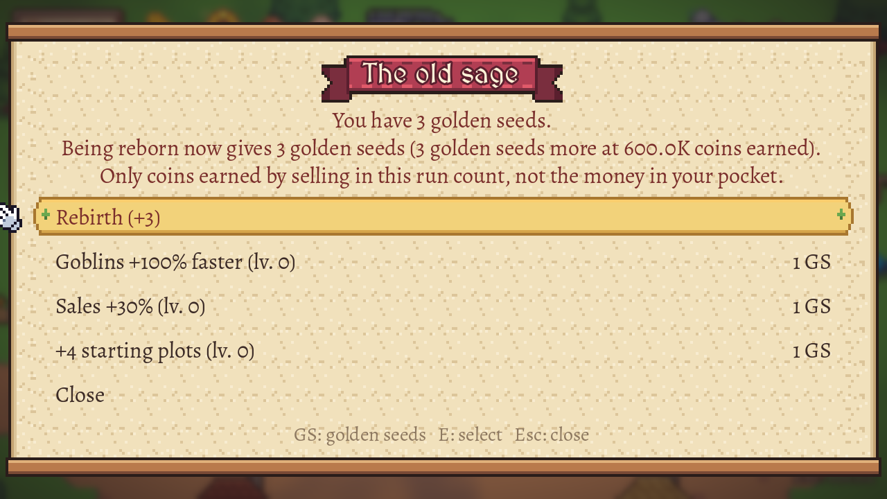 The old sage: rebirth and permanent bonuses for golden seeds.